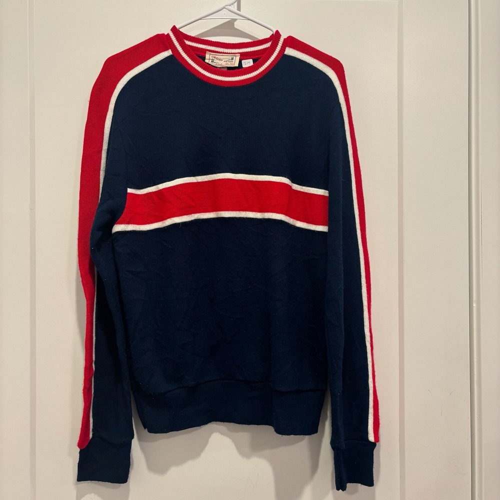 Cedar Bend Vintage Mens M Navy Red Striped Acrylic Crewneck Sweater USA Made